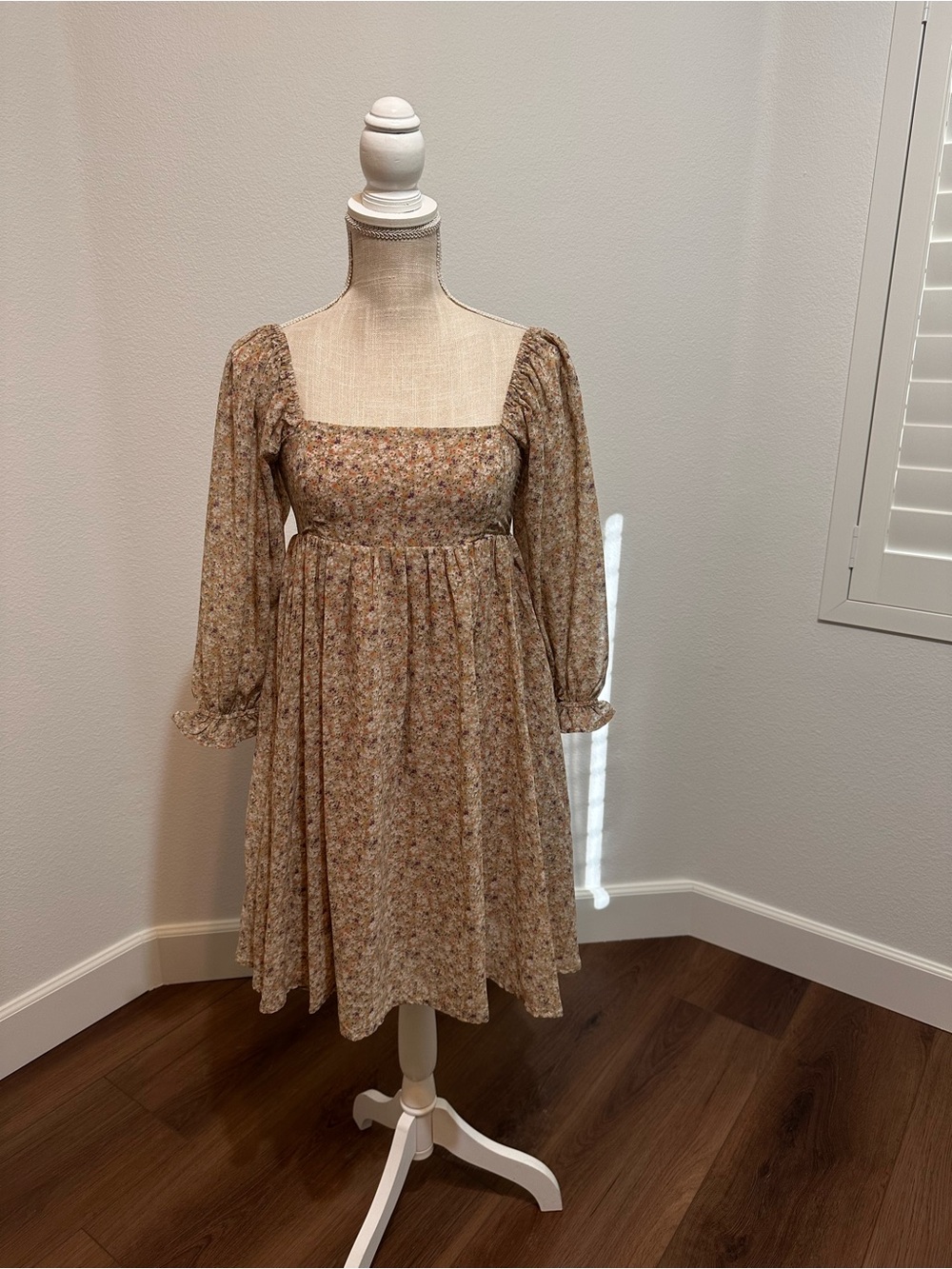 Floral Square-Neck Midi Dress in Beige